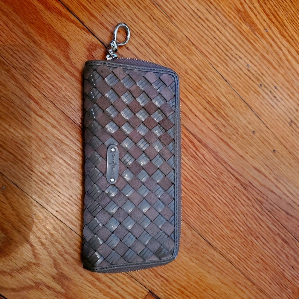 Cole Haan suede and patent leather zip wallet